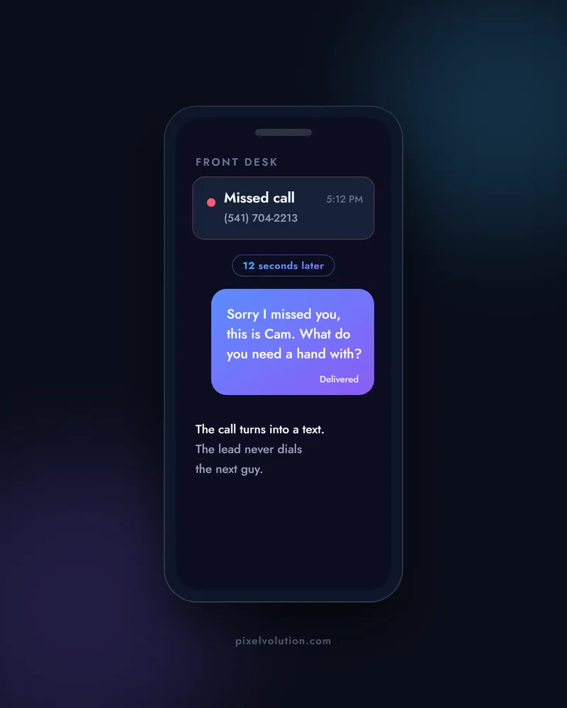 A phone showing a missed call answered by an automatic text-back twelve seconds later