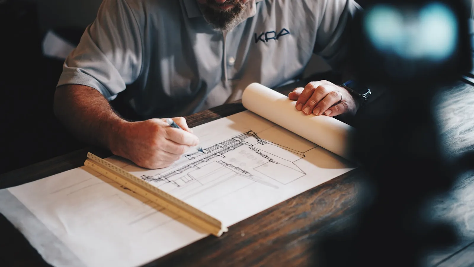 Plans and notes spread across a desk